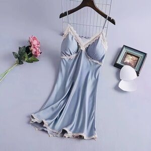 Brand New Lace Trim Satin Chemise Slip Dress - Light Blue